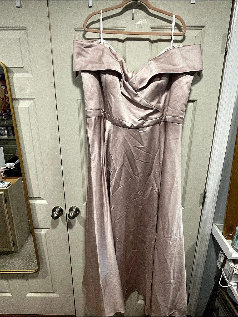 Xscape Off-the-Shoulder Satin Gown Dress Pink 22W